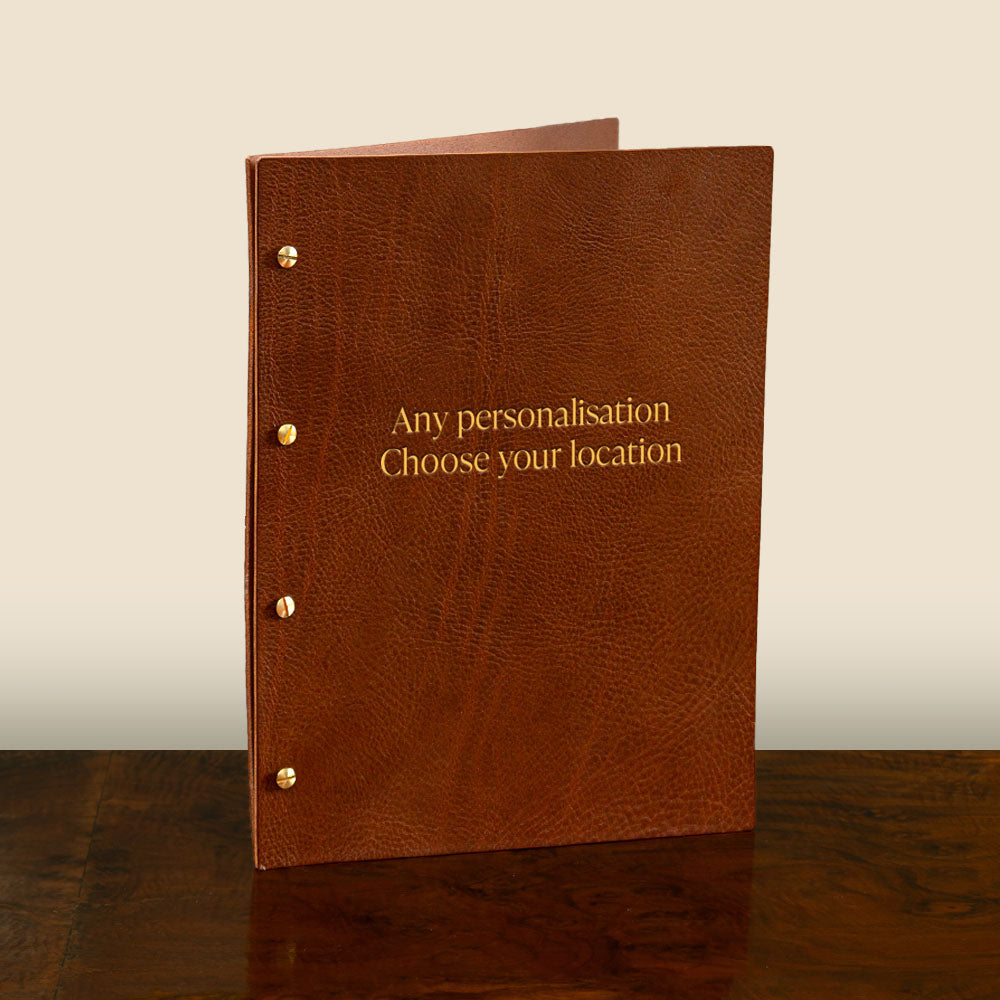 Personalised brown leather screw post binder with gold embossed cover ideal for presentation and menu covers