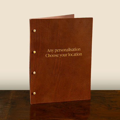 Personalised brown leather screw post binder with gold embossed cover ideal for presentation and menu covers