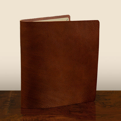 Leather Ring Binder in rich brown veg tan leather for luxury bespoke presentation binder use.
