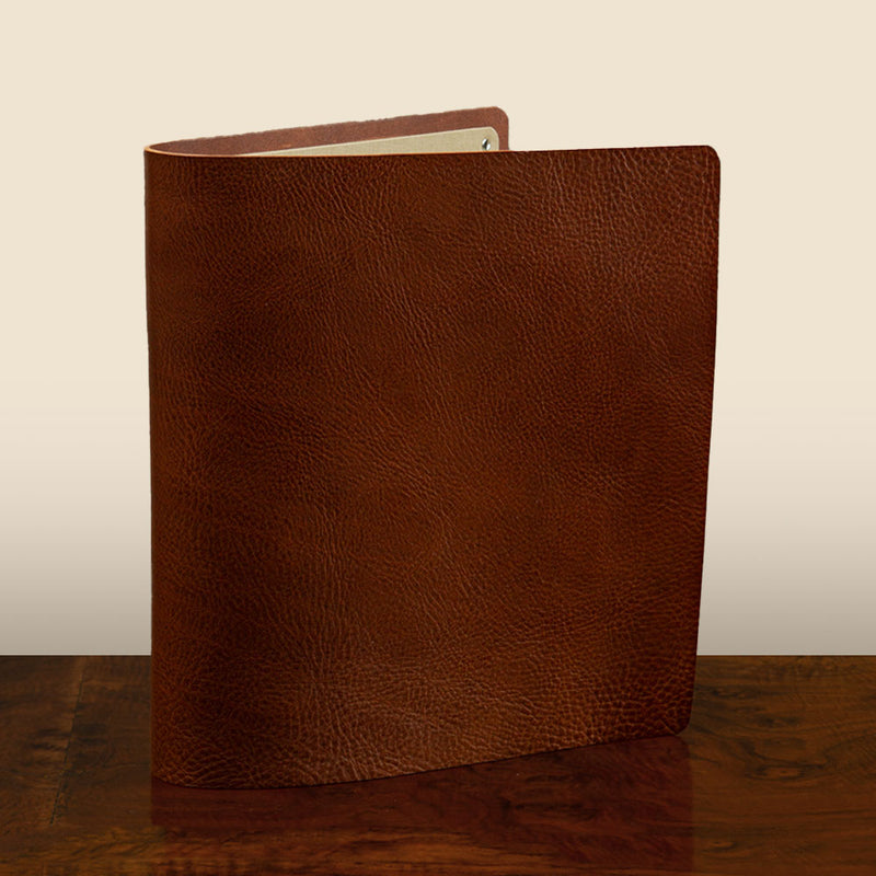 Leather Ring Binder in rich brown veg tan leather for luxury bespoke presentation binder use.