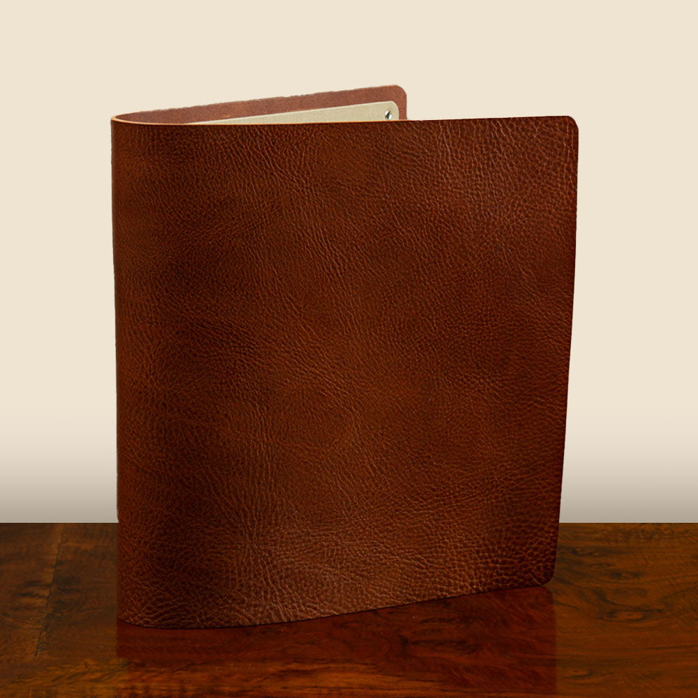 Leather Ring Binder in rich brown veg tan leather for luxury bespoke presentation binder use.