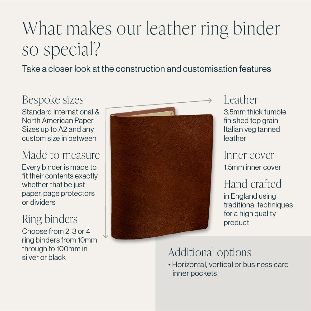 Construction and customisation features of a bespoke leather ring binder made by Hartnack & Co