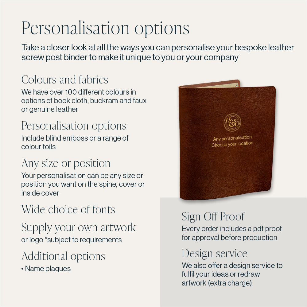 Personalisation options for a bespoke leather ring binder made by Hartnack & Co