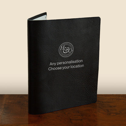 Personalised luxury black leather screw post binder or portfolio book embossed with silver foil and available in A4, A3 8.5x11 and 11x17