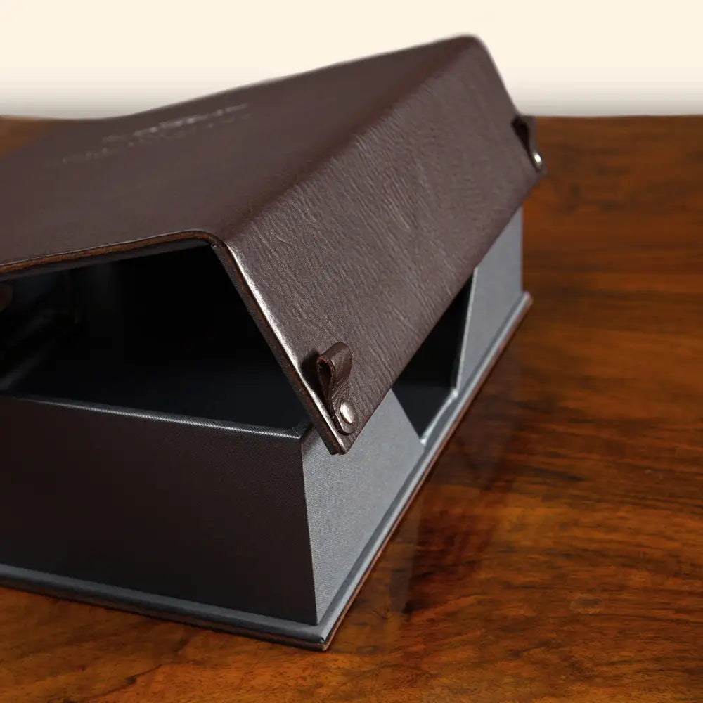 Luxury leather Covered Box File with fold-over cover and magnetic closures, bespoke luxury presentation box by Hartnack and Company