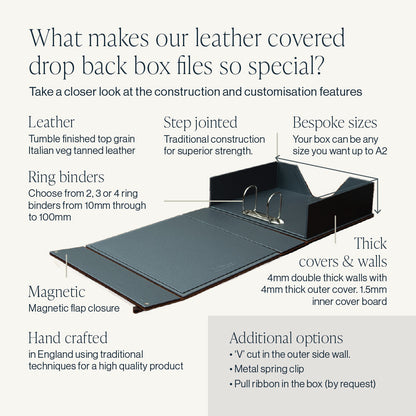 The features and benefits of a bespoke custom made leather box binder file hand made by Hartnack & Co