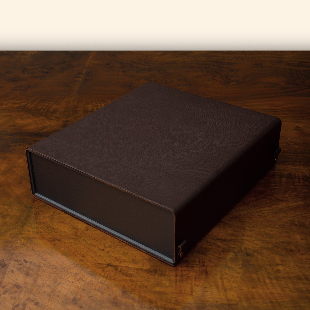 Leather Covered Box File in dark brown top grain leather, bespoke luxury clamshell box file for presentation or portfolio use.