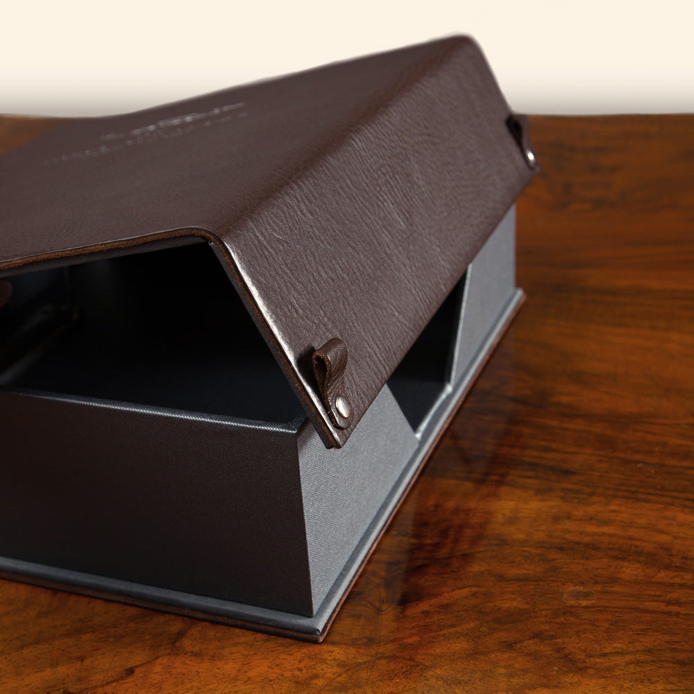 Luxury leather Covered Box File with fold-over cover and magnetic closures, bespoke luxury presentation box by Hartnack and Company