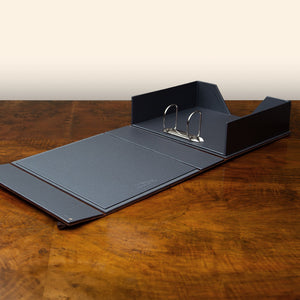 Leather Covered Box File in dark brown luxury leather, bespoke clamshell box file for presentation and portfolio use.