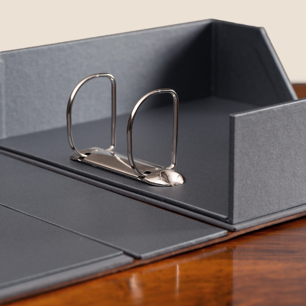 Leather Covered Box File with silver ring binder mechanism in open clamshell presentation box design