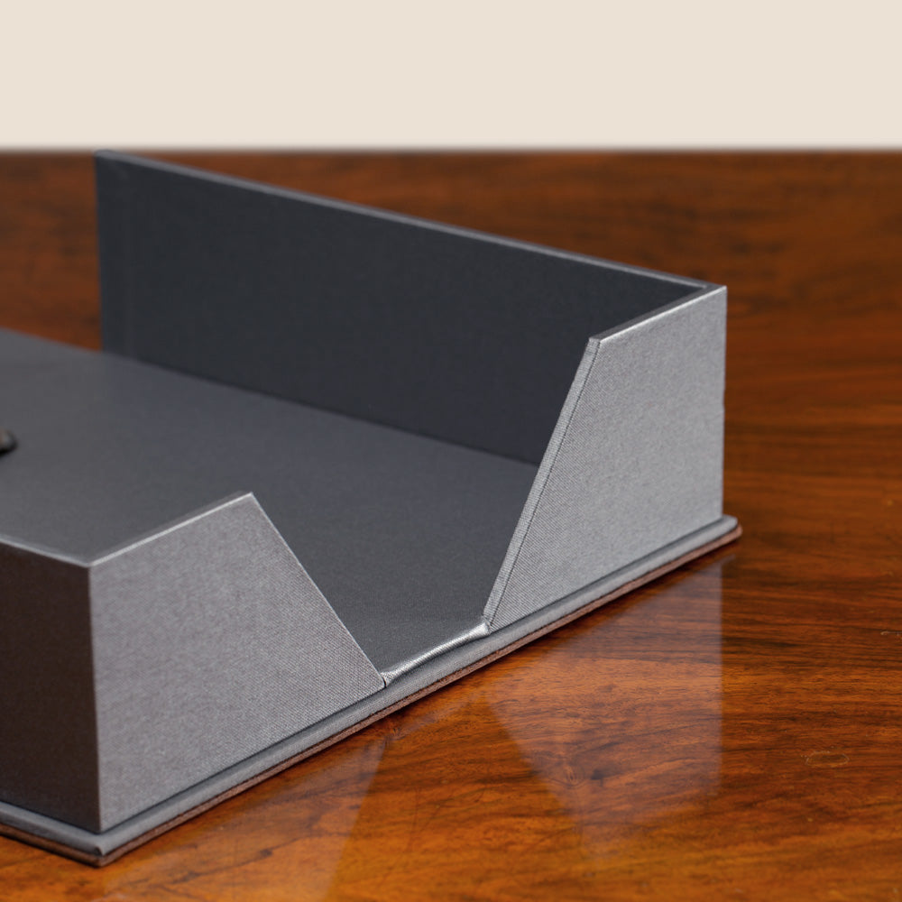 Leather Covered Box File with bespoke clamshell box design for secure presentation and document storage.