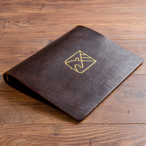 Personalised leather menu cover 3.5mm dark brown leather menu cover with gold foil embossing