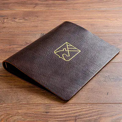 Personalised leather menu cover 3.5mm dark brown leather menu cover with gold foil embossing