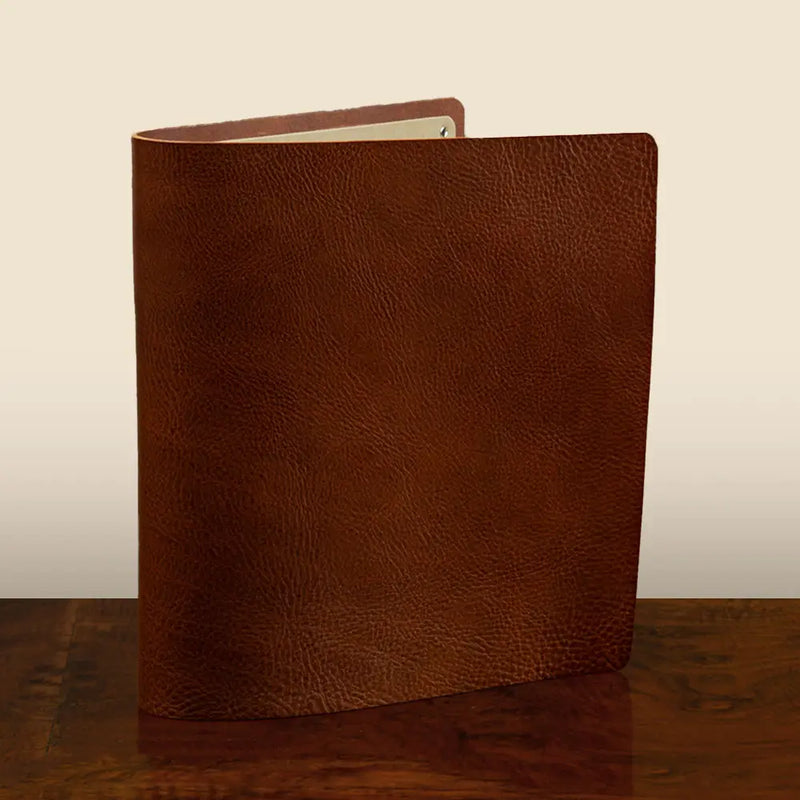 Leather Ring Binder in rich brown veg tan leather for luxury bespoke presentation binder use.
