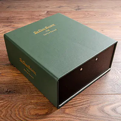 bespoke large leather box file in green leather with gold embossed personalisation for vintage car