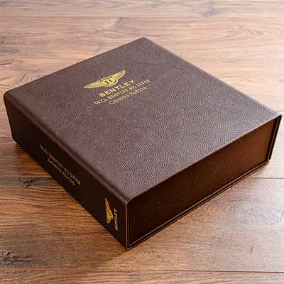 A4 leather box file for car documents and history in brown 2.5mm veg tanned leather with gold foil embossed 
personalisation