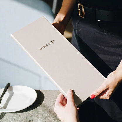 Half A4 personalised menu cover with the words wine-list old foil embossed on the cover