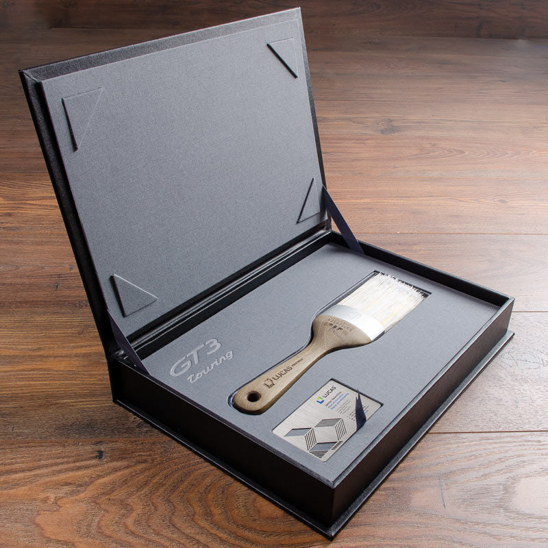 luxury custom made presentation box open with inset brush and metal business cards and sliver foil embossed logo. Handmade by Hartnack and Co  - Business, Drop Back Boxes