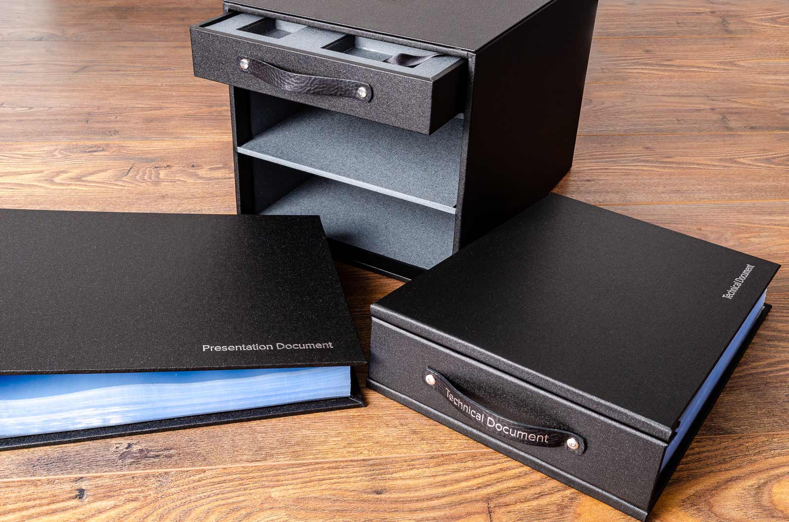 Bid tender presentation box with two personalised presentation binders with plastic sleeves