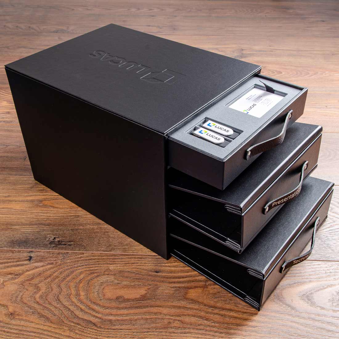 company presentation box with two presentation binders and a drawer for gifts hand made by Hartnack and co - Business, Multi Slipcase