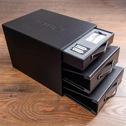 company presentation box with two presentation binders and a drawer for gifts hand made by Hartnack and co
