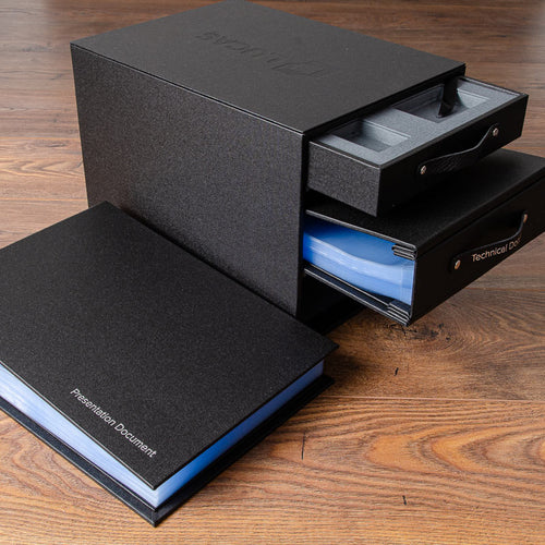 company presentation box with drawer and two binders with silver foil embossing  hand made by Hartnack and co