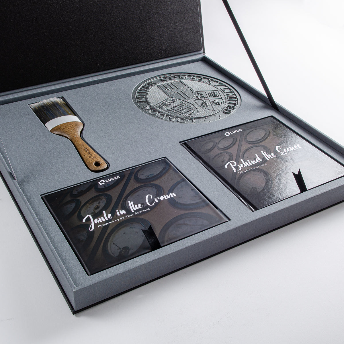 custom made bespoke presentation box in gray fabric hand made by hartnack and co - Business, Drop Back Boxes