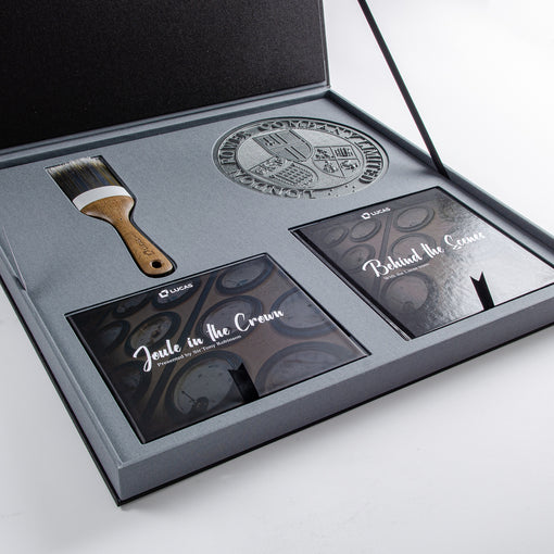 custom made bespoke presentation box in gray fabric hand made by hartnack and co