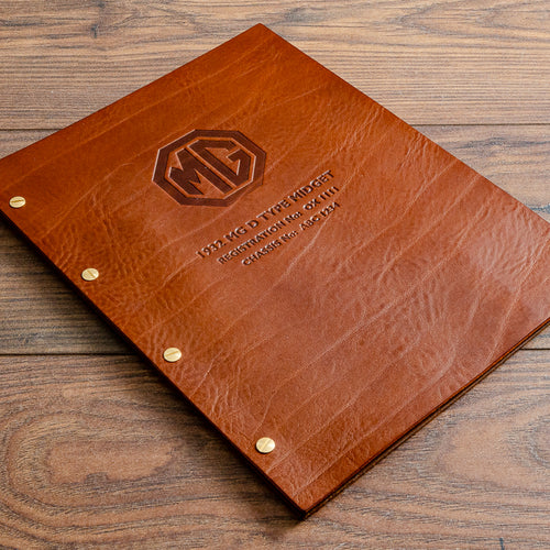 Embossed leather binder for vehicle documents invoices and history