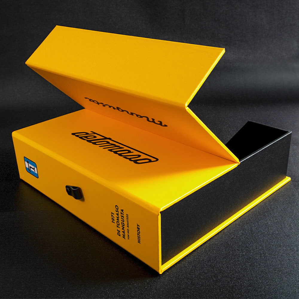 clever opening custom made box file in yellow with colour printed cover for classic car documents - Gallery image 2
