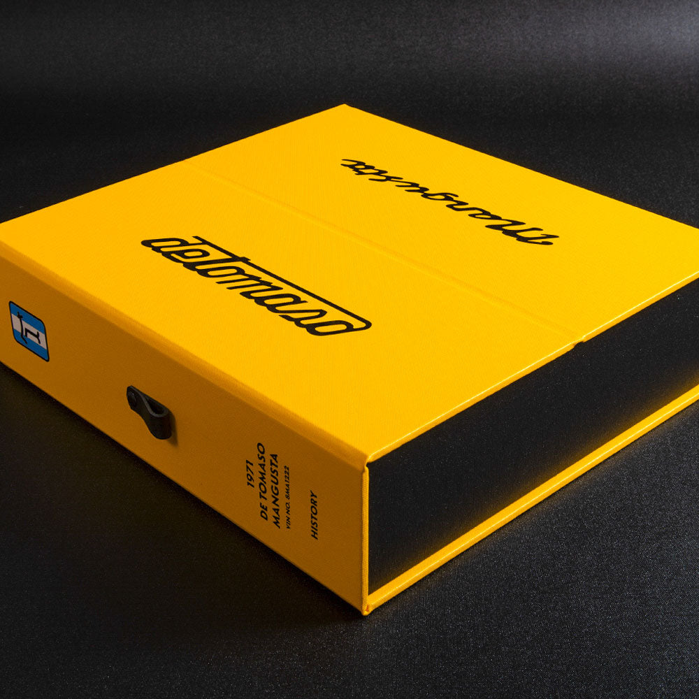 Custom made box in yellow with colour printing for De Tomaso Mangusta classic car history and documents - Gallery image 7