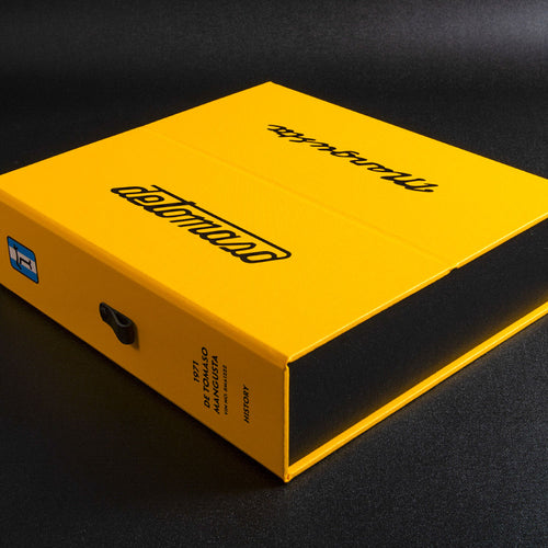 Custom made box in yellow with colour printing for De Tomaso Mangusta classic car history and documents
