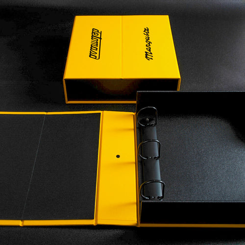Yellow box file with 3 ring binder and custom printed personalised cover for classic car documents and history