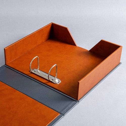 Brown faux leather custom made box file with 2 ring binder mechanism by Hartnack and co