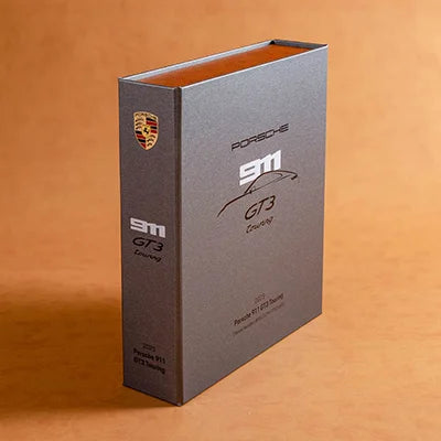 Luxury custom made box file in grey buckram for car documents with custom design printing for Porsche 911 GT3