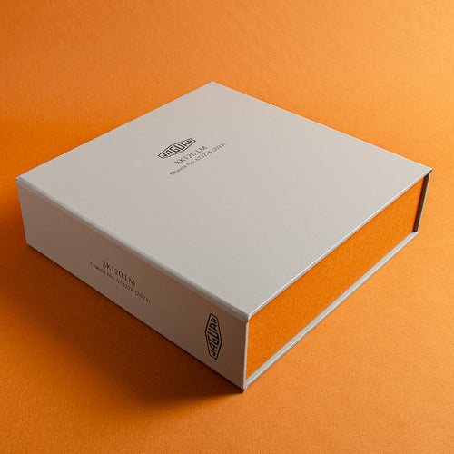 Personalised clamshell box file for storage of documents for classic Jaguar in beige book cloth by Hartnack & Co.