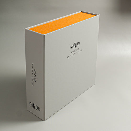Custom made car document and history box file for classic Jaguar with personalised cover and spine by Hartnack & Co.