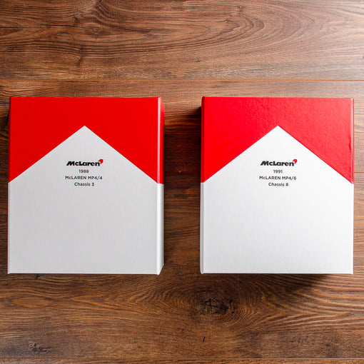 Custom made box files for F1 Marlboro McLaren race cars in white and red book cloth