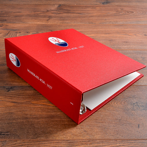 Custom red large ring binder for Maserati with colour printed logo on the cover