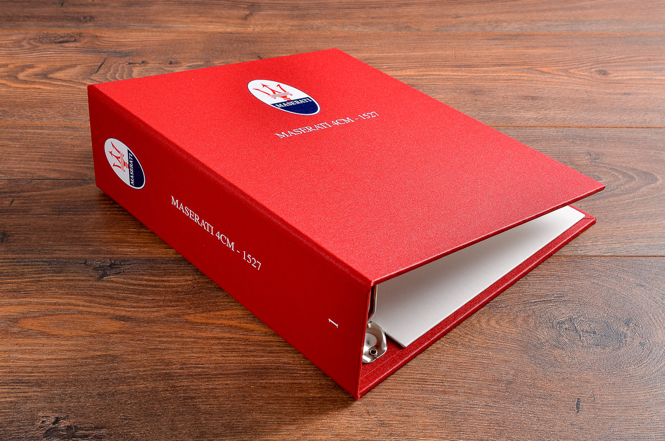 Large custom made personalised A4 ring binder for classic racing car documents and history