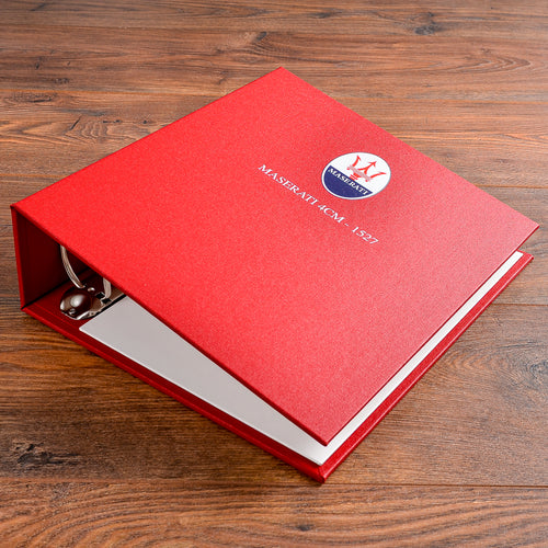 custom ring binder for classic car history file in red fabric and colour printed logo
