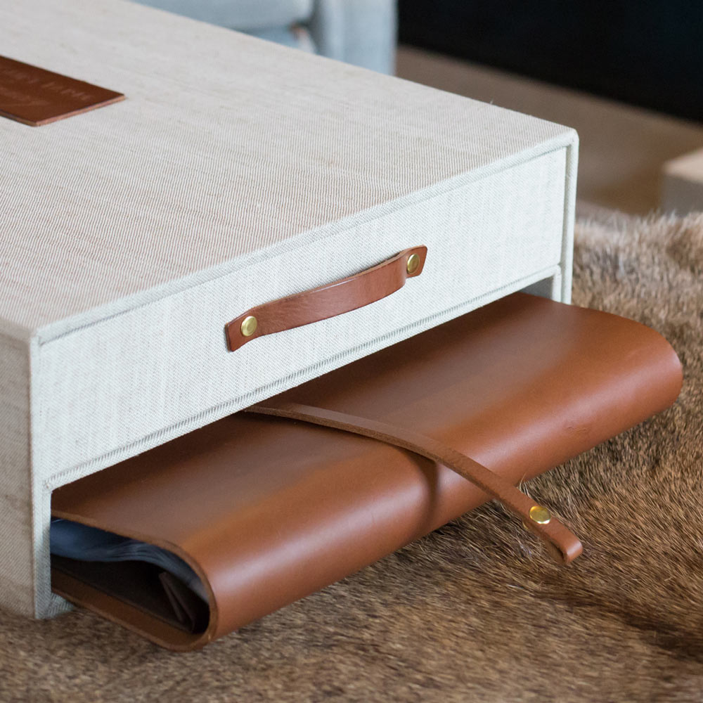 fabric box with a drawer and a leather handle and an enclosed section containing a leather album by Hartnack and co - Gallery image 2
