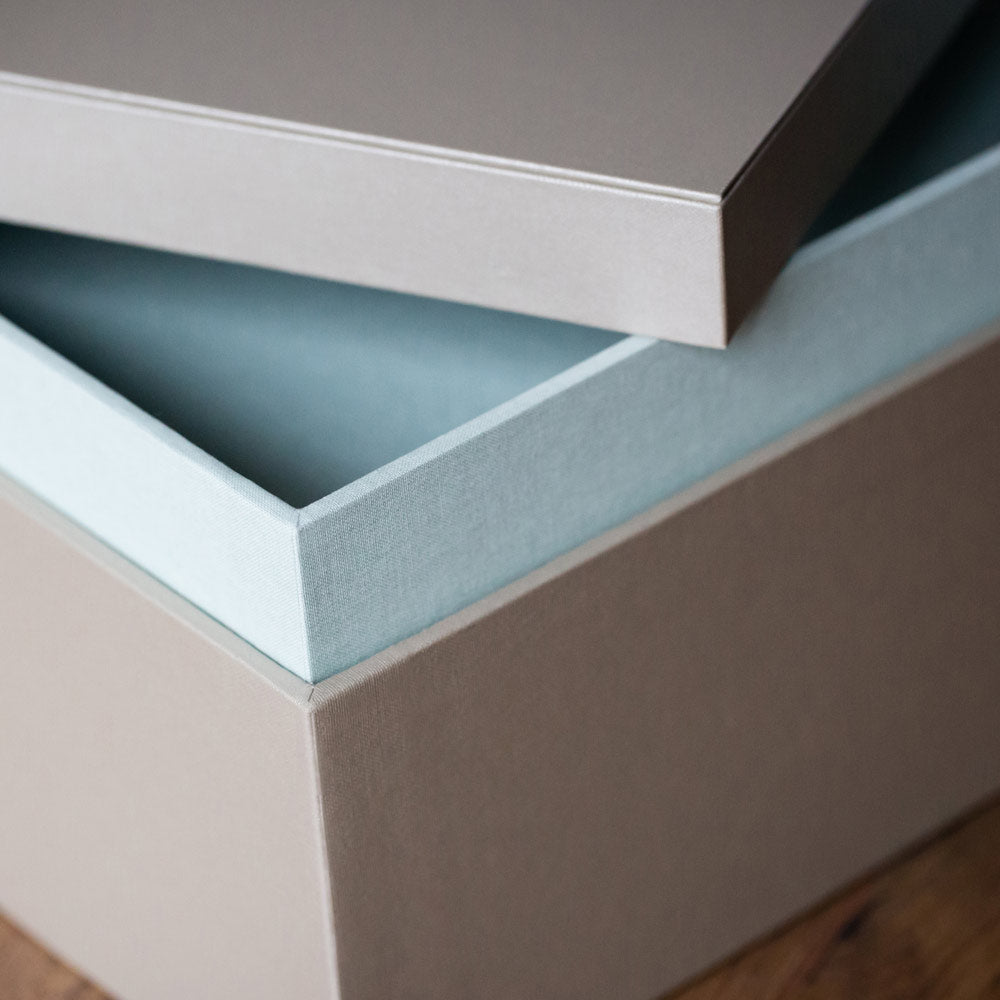 luxury fabric covered box in beige with a light green tray section - Gallery image 4