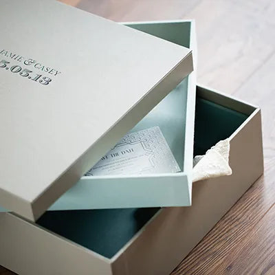 large fabric covered wedding keepsake memory box with a removable tray and a lid that has been personalised and embossed in foil