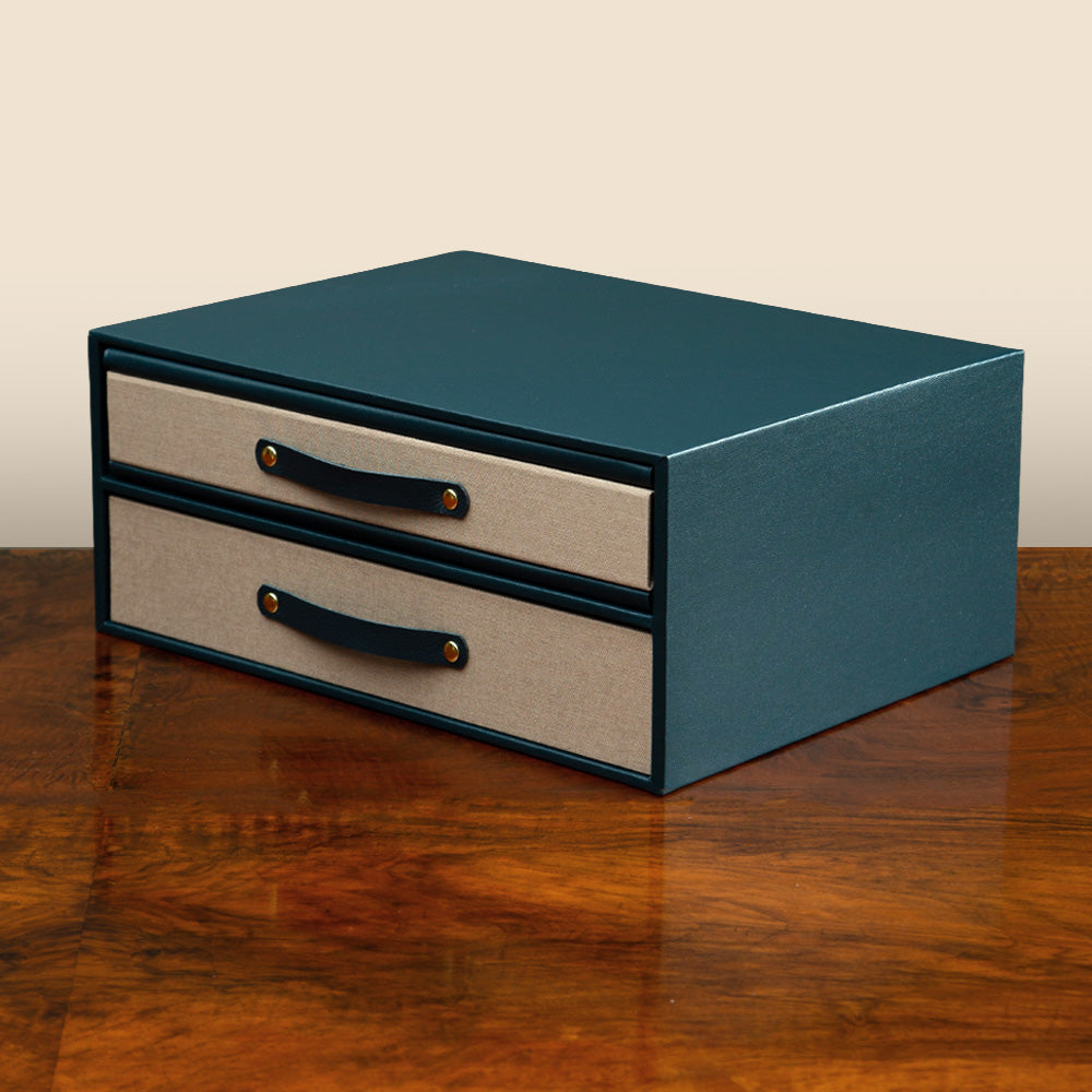 Multi Slipcase luxury bespoke double drawer clamshell box with fabric lining and leather pulls for custom storage.