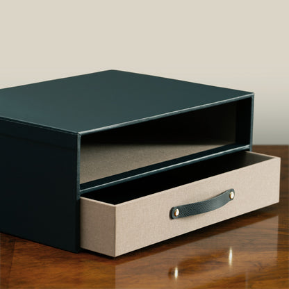 Multi Slipcase handcrafted luxury bespoke clamshell box with drawer and fabric lining and personalised leather drawer pull.