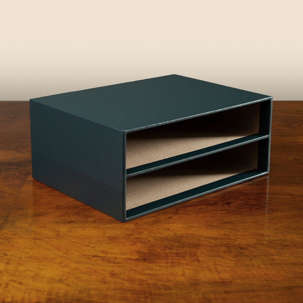 Multi Slipcase in dark fabric with two compartments, bespoke handcrafted binder enclosure by Hartnack and Company luxury.