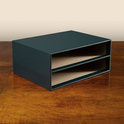 Multi Slipcase in dark fabric with two compartments, bespoke handcrafted binder enclosure by Hartnack and Company luxury.