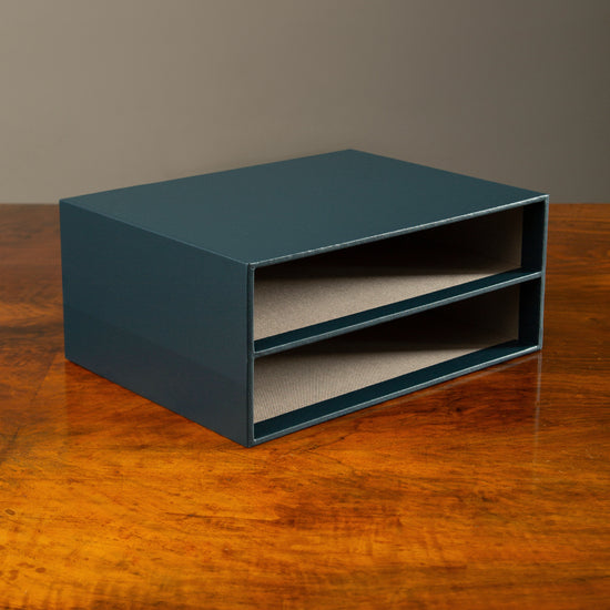 Multi Slipcase in dark fabric with two compartments, bespoke handcrafted binder enclosure by Hartnack and Company luxury.