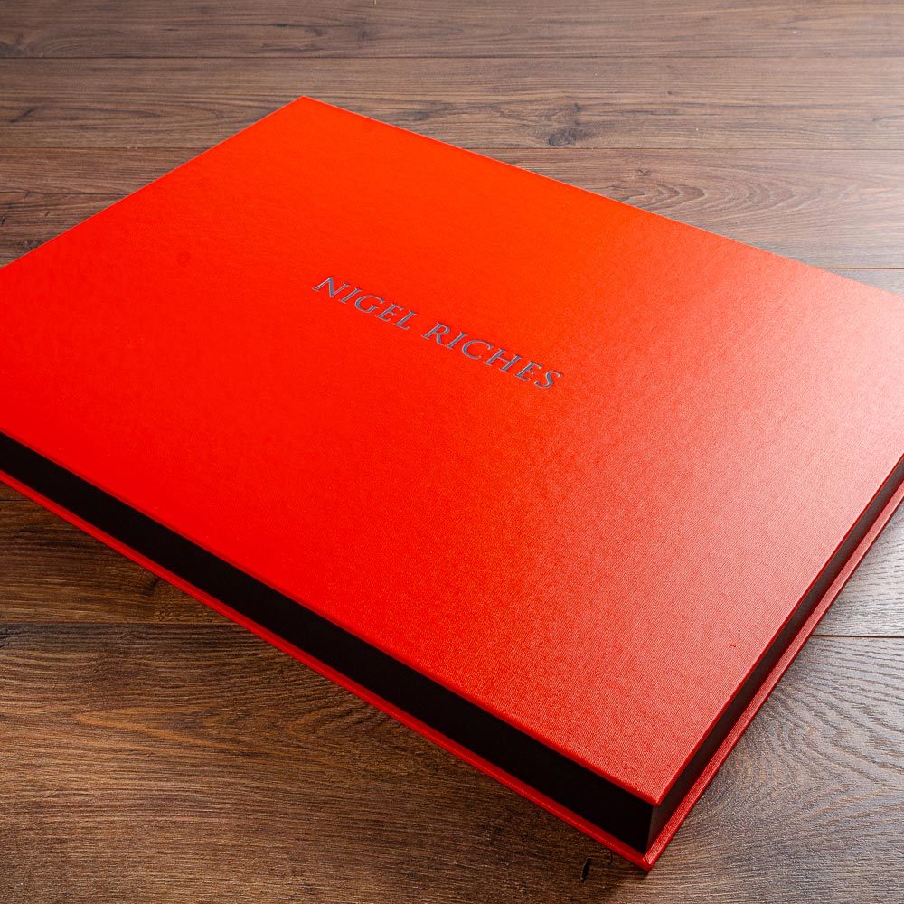 bright red clamshell portfolio print box with black foil personalised cover  - Gallery image 2